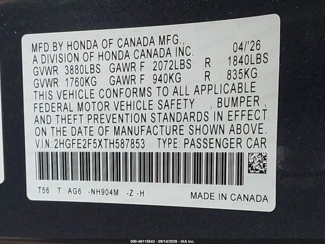 Honda Civic Sport 2026 2HGFE2F5XTH587853 Image 9