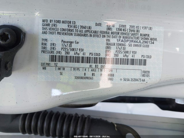 46115546 :رقم المزاد ، 1FADP3R44JL296134 vin ، 2018 Ford Focus Electric مزاد بيع