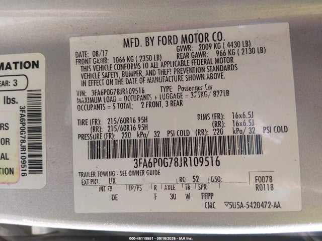2018 Ford Fusion S მანქანა იყიდება აუქციონზე, vin: 3FA6P0G78JR109516, აუქციონის ნომერი: 46115551