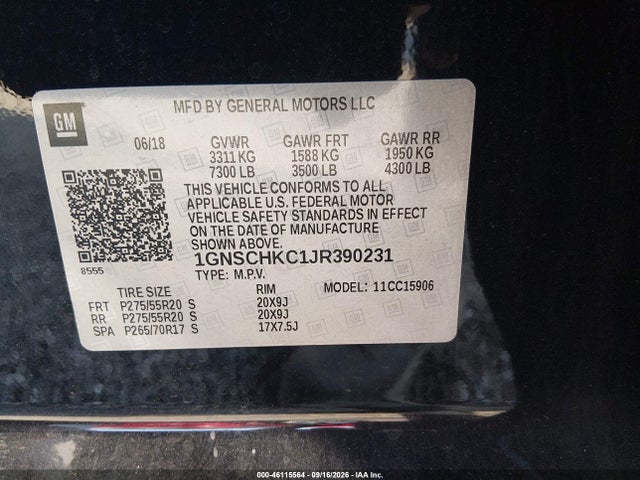46115564 :رقم المزاد ، 1GNSCHKC1JR390231 vin ، 2018 Chevrolet Suburban Lt مزاد بيع