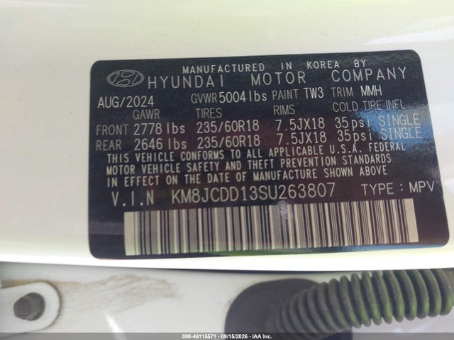 Aukcja sprzedaży 2025 Hyundai Tucson Hybrid Sel Convenience, vin: KM8JCDD13SU263807, numer aukcji: 46115571
