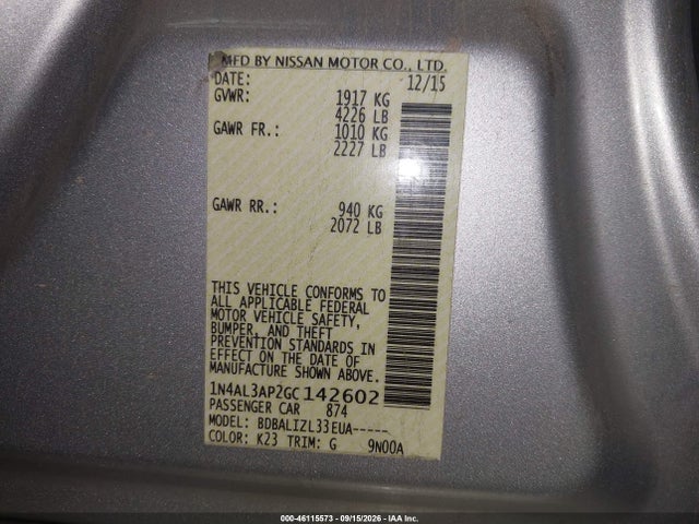 46115573 :رقم المزاد ، 1N4AL3AP2GC142602 vin ، 2016 Nissan Altima 2.5 Sv مزاد بيع