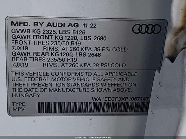 Продаж на аукціоні авто 2023 Audi Q3 Premium Plus 45 Tfsi S Line Quattro Tiptronic, vin: WA1EECF3XP1067147, номер лоту: 46115577