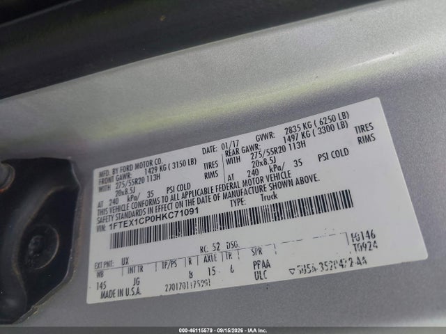 46115579 :رقم المزاد ، 1FTEX1CP0HKC71091 vin ، 2017 Ford F-150 Xl مزاد بيع