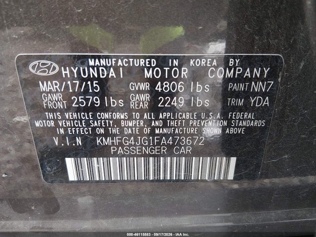 46115583 :رقم المزاد ، KMHFG4JG1FA473672 vin ، 2015 Hyundai Azera مزاد بيع