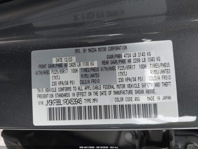 46115589 :رقم المزاد ، JM3KFBBL1R0453946 vin ، 2024 Mazda Cx-5 2.5 S Select مزاد بيع