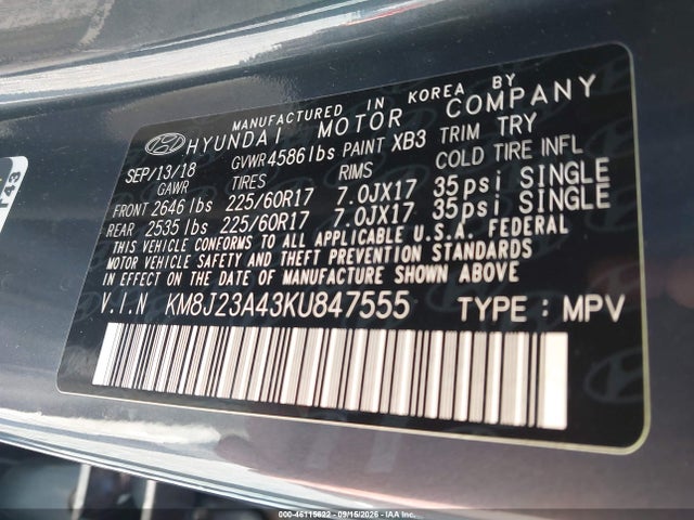 2019 Hyundai Tucson Se მანქანა იყიდება აუქციონზე, vin: KM8J23A43KU847555, აუქციონის ნომერი: 46115622