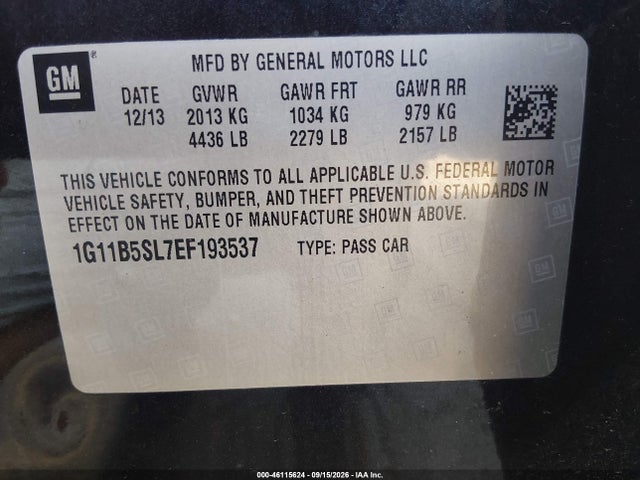 46115624 :رقم المزاد ، 1G11B5SL7EF193537 vin ، 2014 Chevrolet Malibu 1ls مزاد بيع