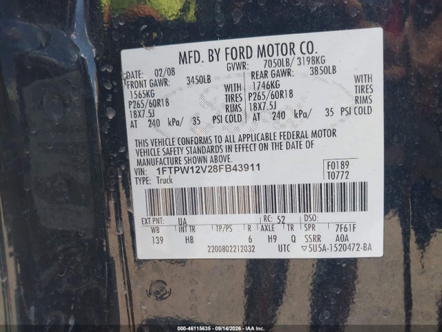 Продажа на аукционе авто 2008 Ford F-150 Lariat, vin: 1FTPW12V28FB43911, номер лота: 46115635