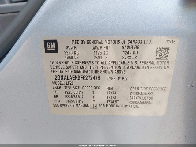 46115636 :رقم المزاد ، 2GNALAEK3F6272478 vin ، 2015 Chevrolet Equinox Ls مزاد بيع