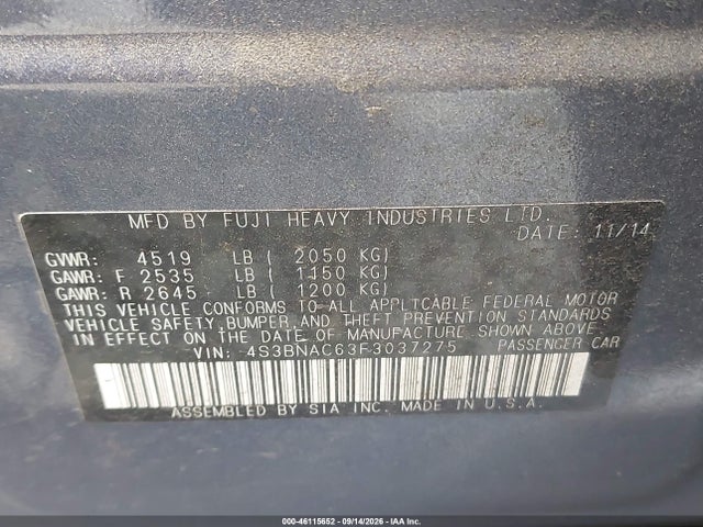 Продаж на аукціоні авто 2015 Subaru Legacy 2.5i Premium, vin: 4S3BNAC63F3037275, номер лоту: 46115652