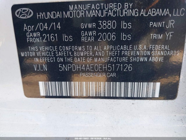 Продаж на аукціоні авто 2014 Hyundai Elantra Limited, vin: 5NPDH4AE0EH517126, номер лоту: 46115653