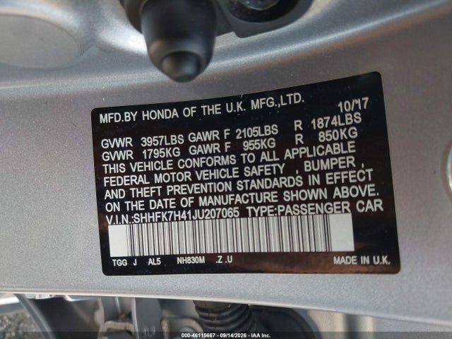 46115667 :رقم المزاد ، SHHFK7H41JU207065 vin ، 2018 Honda Civic Sport مزاد بيع