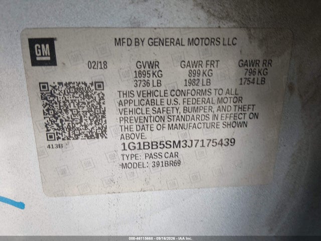 Продаж на аукціоні авто 2018 Chevrolet Cruze Ls Manual, vin: 1G1BB5SM3J7175439, номер лоту: 46115668