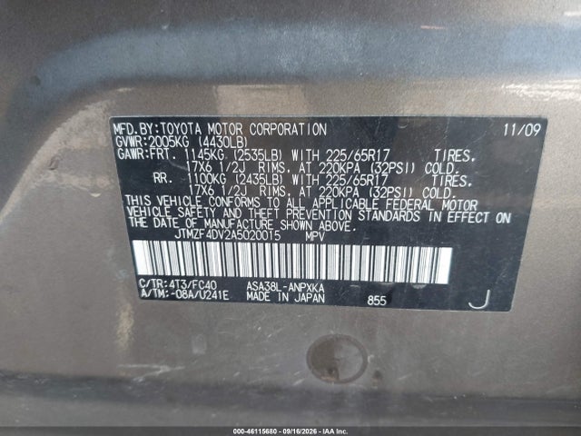 46115680 :رقم المزاد ، JTMZF4DV2A5020015 vin ، 2010 Toyota Rav4 مزاد بيع