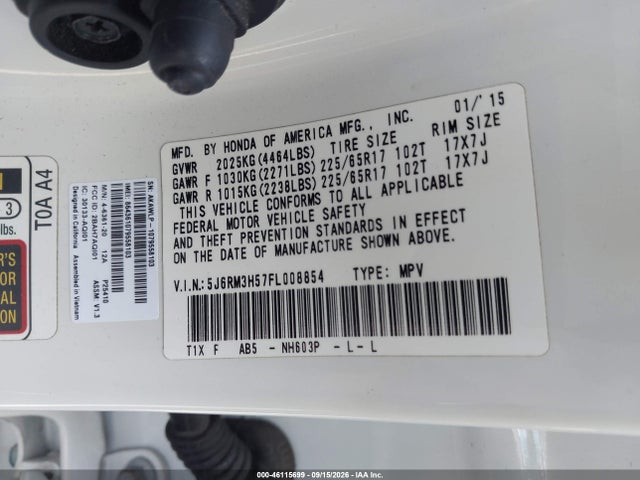 Продаж на аукціоні авто 2015 Honda Cr-v Ex, vin: 5J6RM3H57FL008854, номер лоту: 46115699