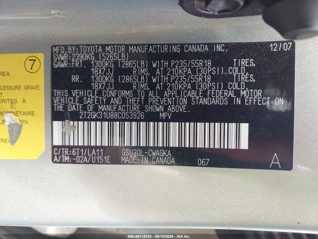 46115703 :رقم المزاد ، 2T2GK31U88C053926 vin ، 2008 Lexus Rx 350 مزاد بيع