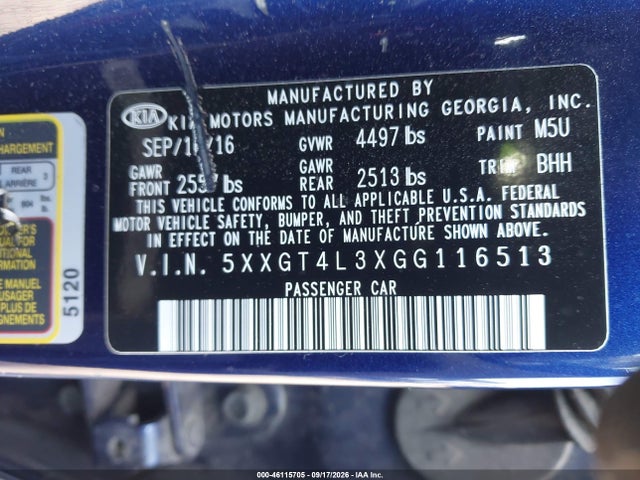 Aukcja sprzedaży 2016 Kia Optima Lx, vin: 5XXGT4L3XGG116513, numer aukcji: 46115705