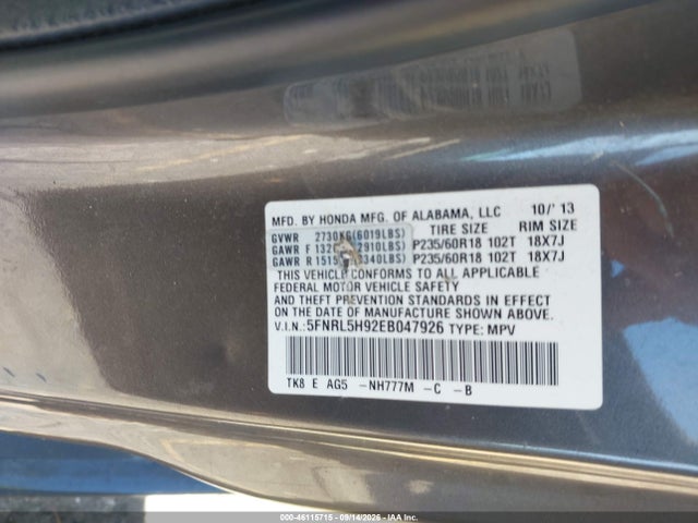 46115715 :رقم المزاد ، 5FNRL5H92EB047926 vin ، 2014 Honda Odyssey Touring/touring Elite مزاد بيع