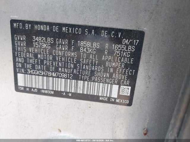 46115731 :رقم المزاد ، 3HGGK5H78HM709812 vin ، 2017 Honda Fit Ex مزاد بيع