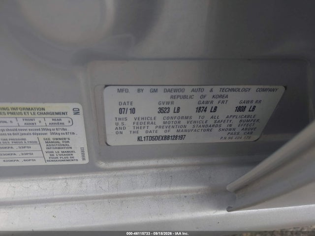 Aukcja sprzedaży 2011 Chevrolet Aveo 1lt, vin: KL1TD5DEXBB128197, numer aukcji: 46115733
