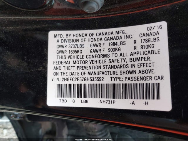 2016 Honda Civic Lx მანქანა იყიდება აუქციონზე, vin: 2HGFC2F57GH535592, აუქციონის ნომერი: 46115735