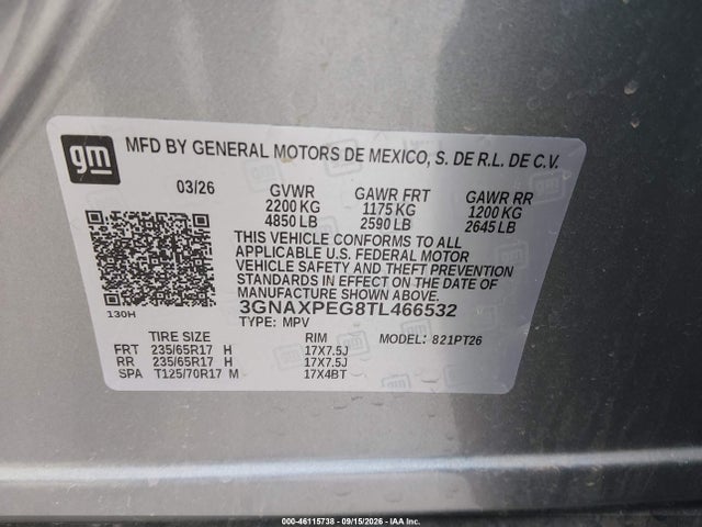 Продажа на аукционе авто 2026 Chevrolet Equinox Awd Lt, vin: 3GNAXPEG8TL466532, номер лота: 46115738