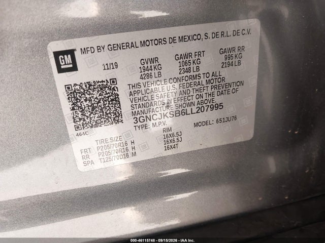 2020 Chevrolet Trax Fwd Ls მანქანა იყიდება აუქციონზე, vin: 3GNCJKSB6LL207995, აუქციონის ნომერი: 46115748