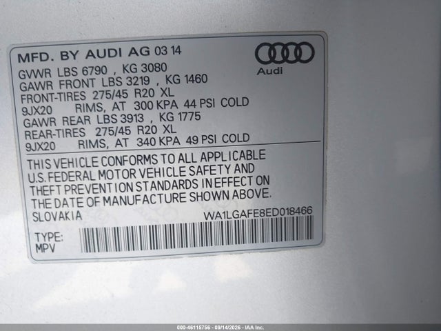 Продажа на аукционе авто 2014 Audi Q7 3.0t Premium, vin: WA1LGAFE8ED018466, номер лота: 46115756