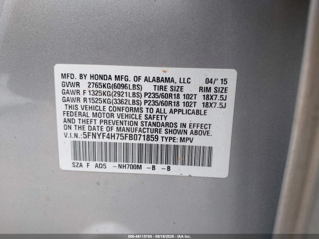 2015 Honda Pilot Ex-l მანქანა იყიდება აუქციონზე, vin: 5FNYF4H75FB071859, აუქციონის ნომერი: 46115765