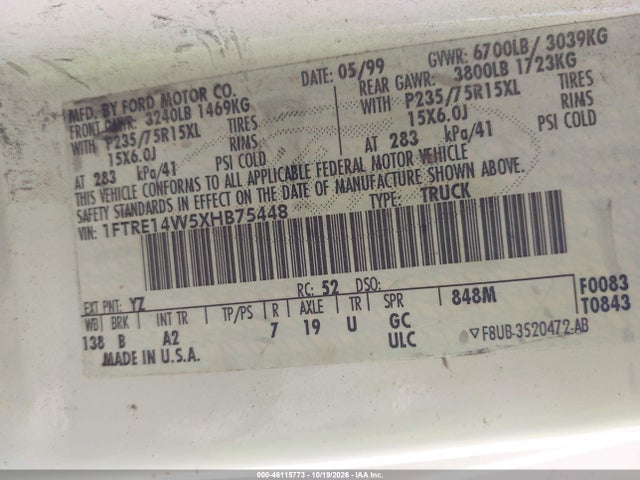 1999 Ford E-150 Commercial/recreational მანქანა იყიდება აუქციონზე, vin: 1FTRE14W5XHB75448, აუქციონის ნომერი: 46115773