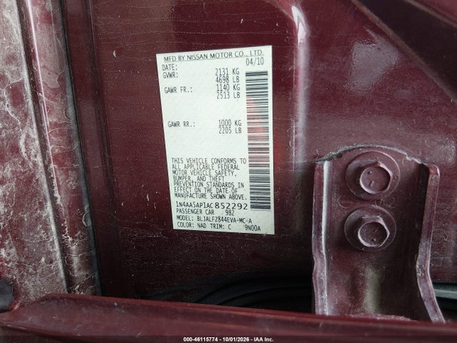 46115774 :رقم المزاد ، 1N4AA5AP1AC852292 vin ، 2010 Nissan Maxima 3.5 Sv مزاد بيع