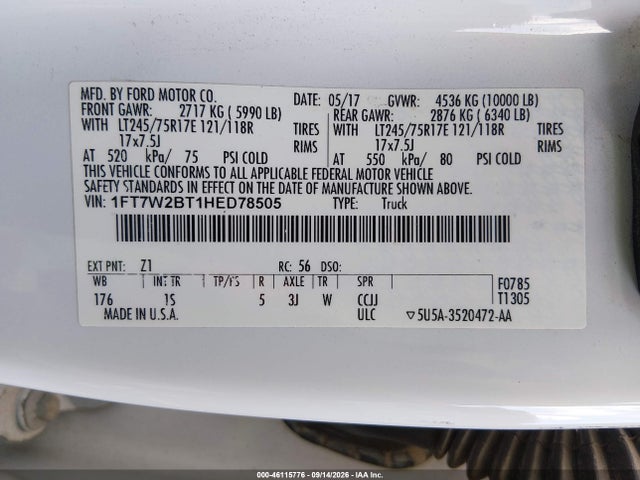 Продажа на аукционе авто 2017 Ford F-250 Xl, vin: 1FT7W2BT1HED78505, номер лота: 46115776