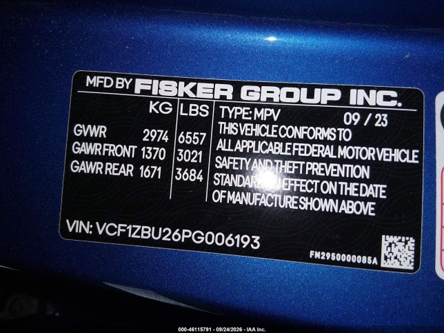 Aukcja sprzedaży 2023 Fisker Ocean One, vin: VCF1ZBU26PG006193, numer aukcji: 46115791