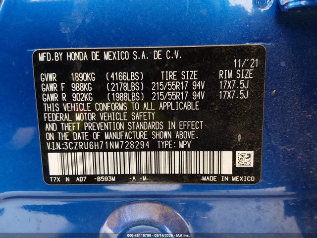 3CZRU6H71NM728294 Honda Hr-v Awd Ex-l