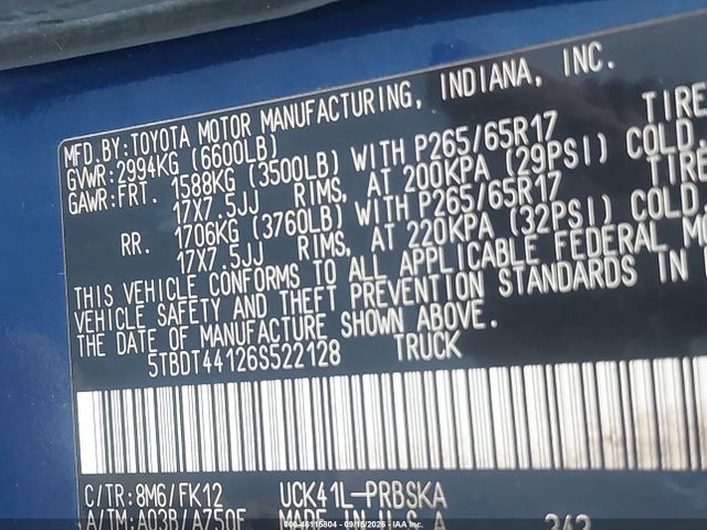 46115804 :رقم المزاد ، 5TBDT44126S522128 vin ، 2006 Toyota Tundra Sr5 V8 مزاد بيع