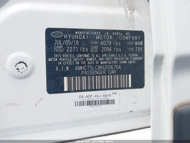 Aukcja sprzedaży 2019 Hyundai Ioniq Hybrid Sel, vin: KMHC75LC8KU106764, numer aukcji: 46115807
