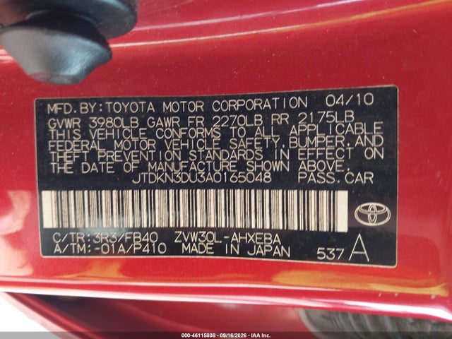 Aukcja sprzedaży 2010 Toyota Prius Iii, vin: JTDKN3DU3A0165048, numer aukcji: 46115808