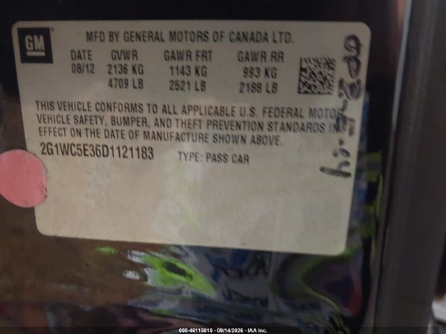 46115810 :رقم المزاد ، 2G1WC5E36D1121183 vin ، 2013 Chevrolet Impala Ltz مزاد بيع