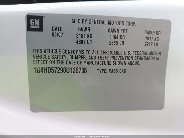 46115817 :رقم المزاد ، 1G4HD57298U136705 vin ، 2008 Buick Lucerne Cxl مزاد بيع