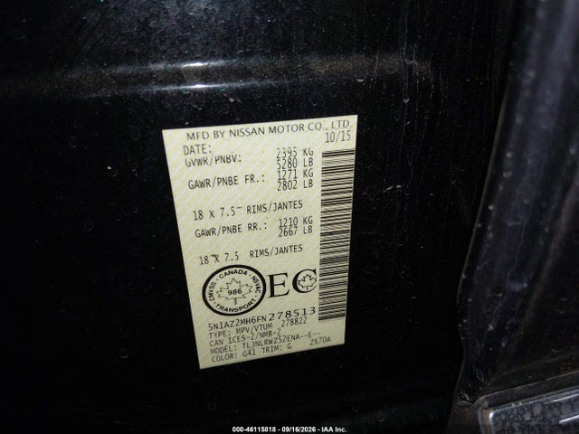 Aukcja sprzedaży 2015 Nissan Murano Platinum/s/sl/sv, vin: 5N1AZ2MH6FN278513, numer aukcji: 46115818
