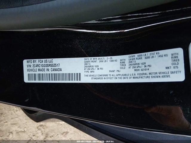 Aukcja sprzedaży 2025 Chrysler Pacifica Limited, vin: 2C4RC1GG0SR552517, numer aukcji: 46115844