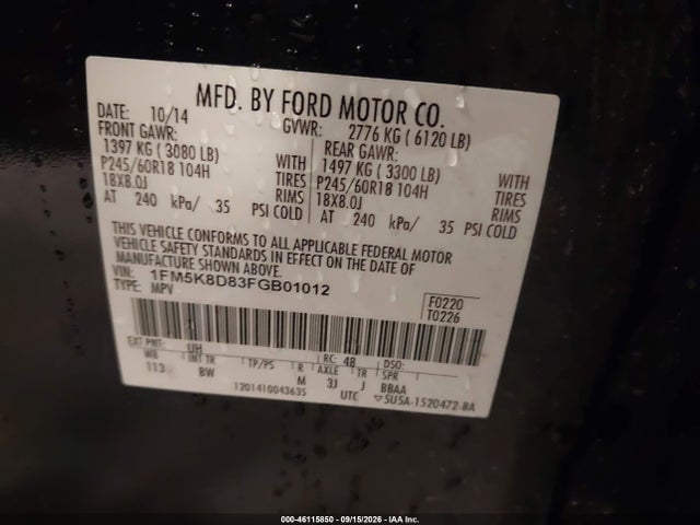 46115850 :رقم المزاد ، 1FM5K8D83FGB01012 vin ، 2015 Ford Explorer Xlt مزاد بيع