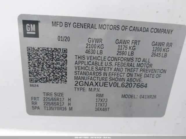 46115855 :رقم المزاد ، 2GNAXUEV0L6207664 vin ، 2020 Chevrolet Equinox Awd Lt 1.5l Turbo مزاد بيع