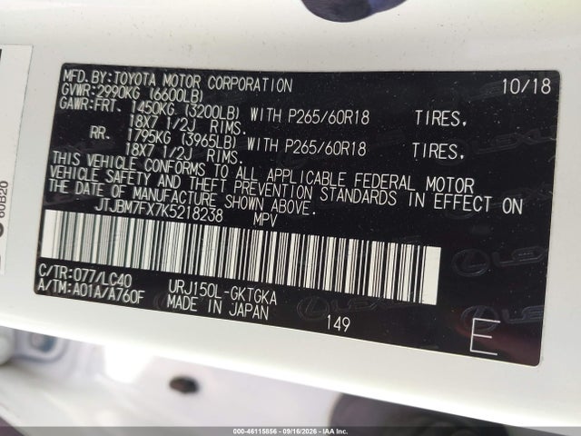 46115856 :رقم المزاد ، JTJBM7FX7K5218238 vin ، 2019 Lexus Gx 460 Premium مزاد بيع