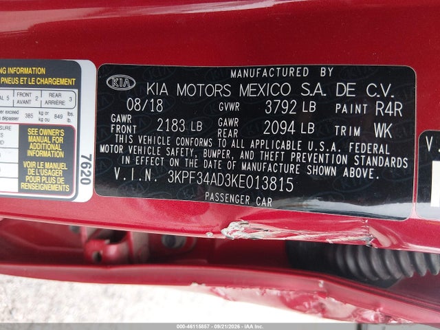 Продажа на аукционе авто 2019 Kia Forte S, vin: 3KPF34AD3KE013815, номер лота: 46115857