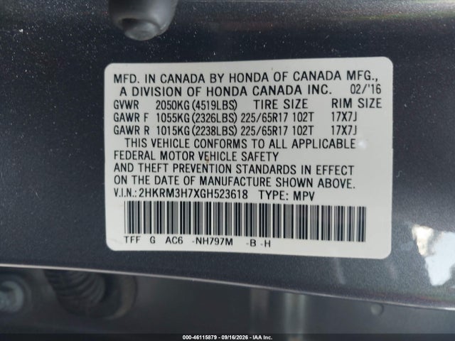 2016 Honda Cr-v Ex-l მანქანა იყიდება აუქციონზე, vin: 2HKRM3H7XGH523618, აუქციონის ნომერი: 46115879