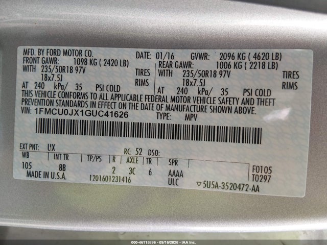 46115896 :رقم المزاد ، 1FMCU0JX1GUC41626 vin ، 2016 Ford Escape Titanium مزاد بيع