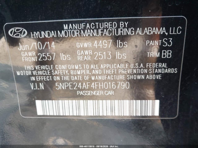 Aukcja sprzedaży 2015 Hyundai Sonata Se, vin: 5NPE24AF4FH016790, numer aukcji: 46115918