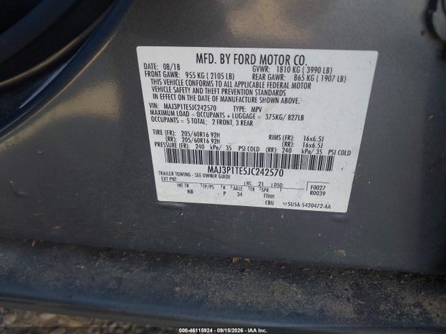 46115924 :رقم المزاد ، MAJ3P1TE5JC242570 vin ، 2018 Ford Ecosport Se مزاد بيع